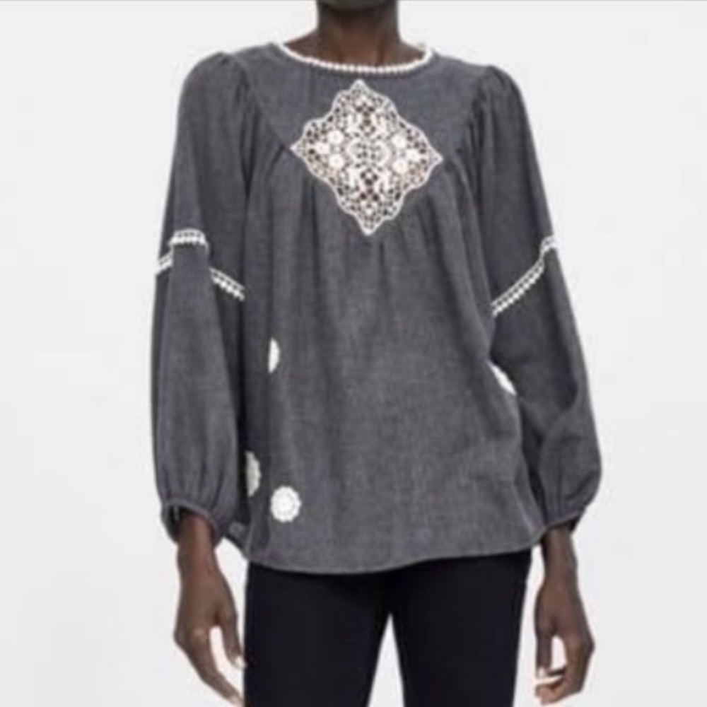 Zara Soft Crochet Appliqué Cut Out Grey Peasant Top Medium